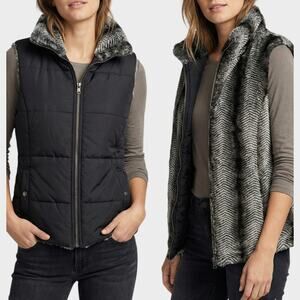 KC Collections Small Black Puff Womens Full Zip Reversible Vest Gray Faux Fur